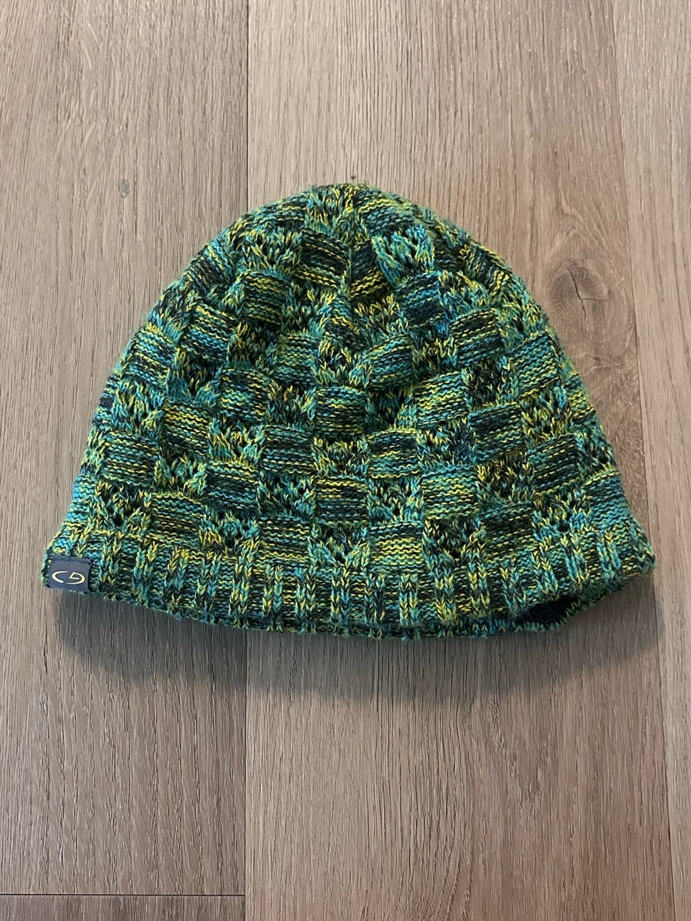 green blue knit fleece beanie